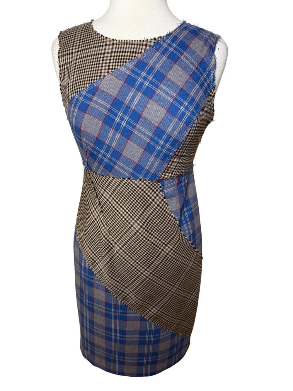 Anthropologie Tracy Reese Patchwork Brown, Blue and Cream Plaid Dress -Size 6P